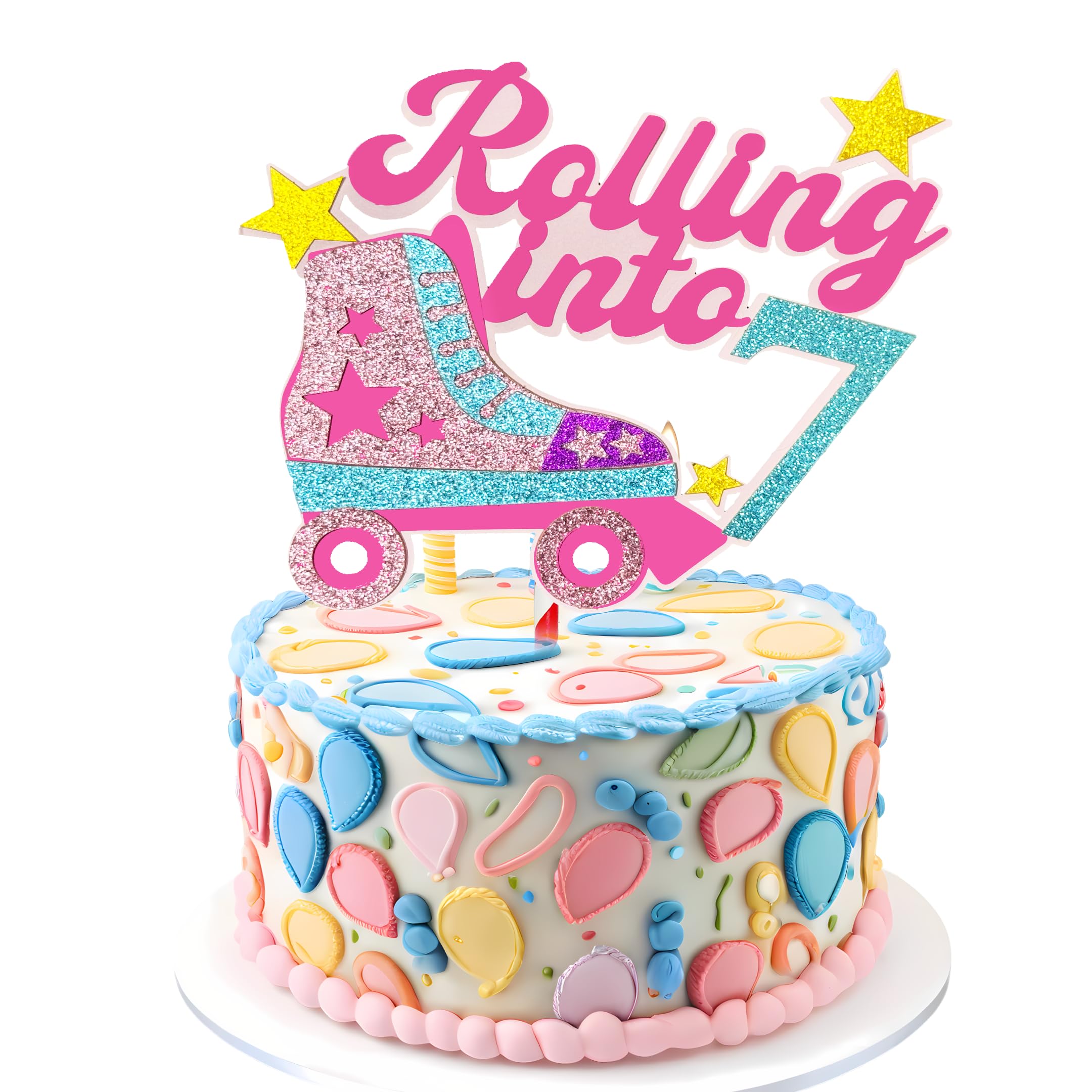 Rolling into 7th Theme Cake Toppers Happy 7th Birthday Cake Topper 7 Years Old Birthday Decorations for Girls Roller Skate Birthday Party Cake Topper