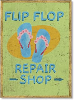 Vintage Framed Flip Flop Repair Shop Wall Art Canvas Print Oil Paintings Reproduction World ClassicsRetro Quirky Poster Painting Pictures Home Decor Dorm Room Apartment (Wood Framed,12L x 16W)