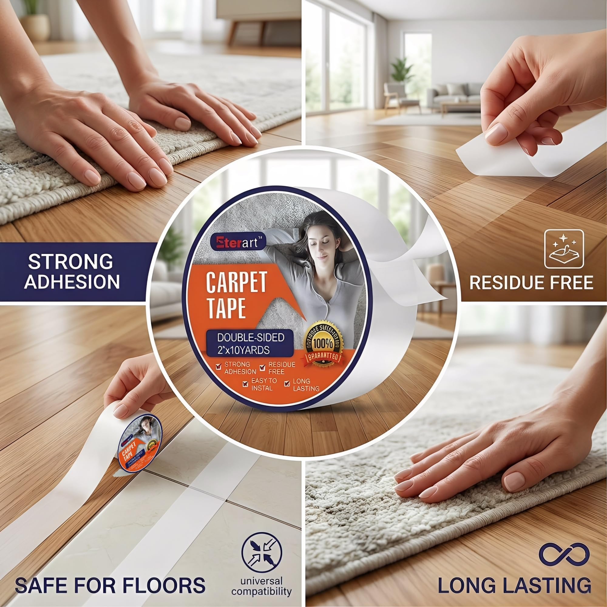 Eterart Double Sided Carpet Tape Heavy Duty for Area Rugs,Tile Hardwood Floors,Over Carpet,Rug Tape High Adhesive and Removable,Strong Sticky Tape,Indoor/Outdoor,Residue Free,2 Inches x 10 Yards,White - 5