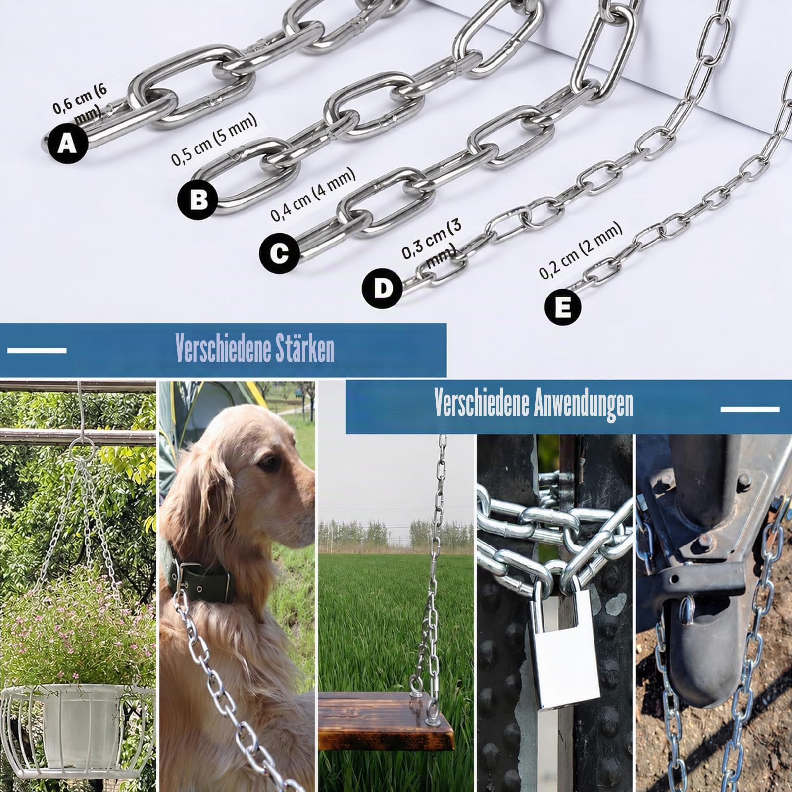 Edelstahl Ketten, 5m 5mm Starke Edelstahlkette Baumarkt in Vielen Längen und Stärken bis 350Kg belastbar für Hundekette, Kette Hängesessel, Absperrketten, Kette Zum Aufhängen, Lampenkette