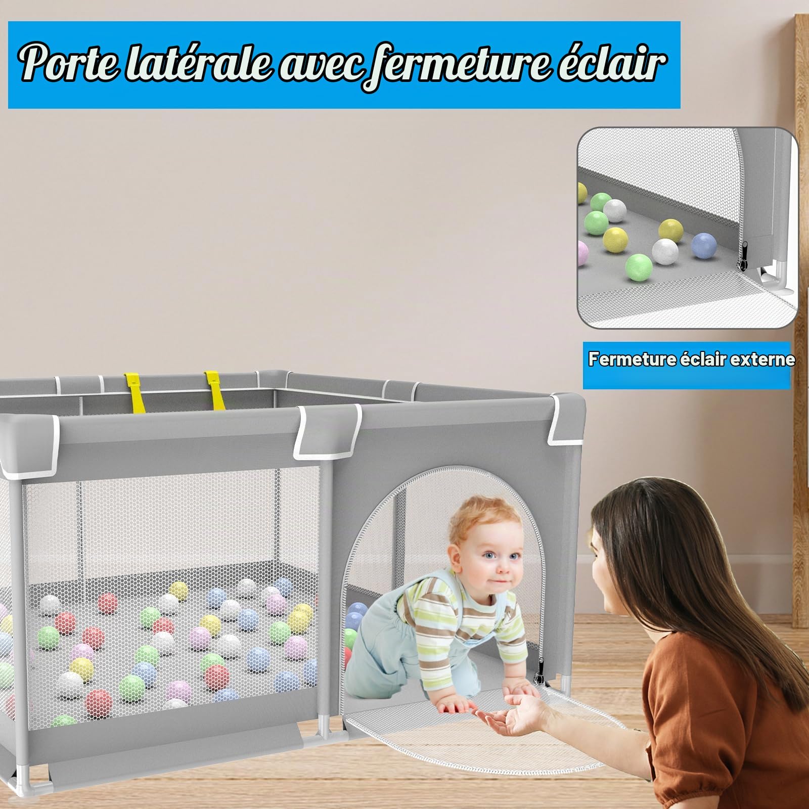 Parc Bebe, 125cm Parc Bébé Pliable avec Maille Douce Respirante, Parc Enfant avec Base Antidérapante et Porte Zippée, Espace d'activités pour Enfants Intérieure et Extérieure, de 0 à 6 Ans