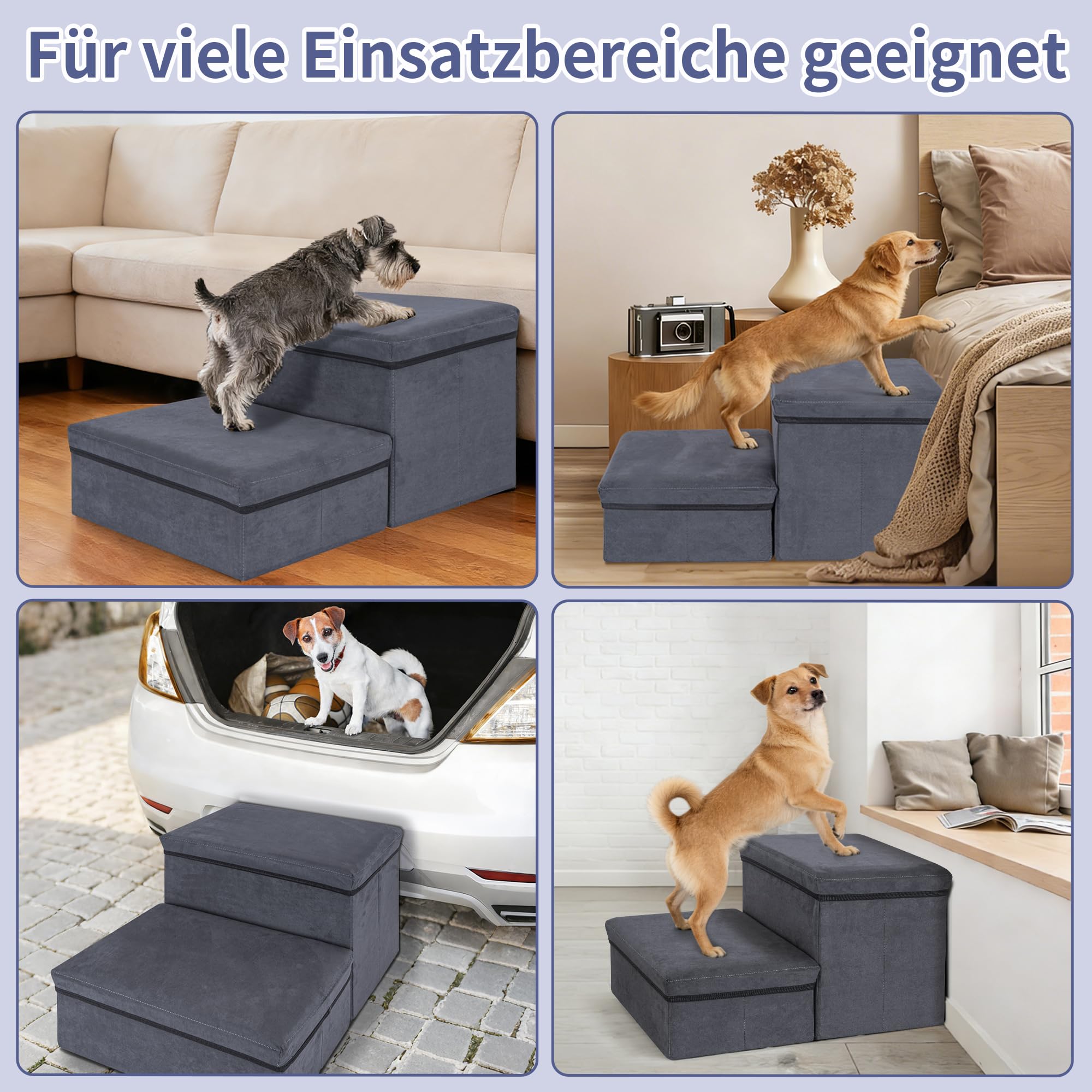 AKOZLIN Hundetreppe,2 Stufen,faltbar,Mit Stauraum,2-in-1 Haustiertreppe | Extra breite Haustierrampe,Für kleine bis große Hunde und Katzen,Dunkelgrau,32×64×42cm,Zwei Schichten