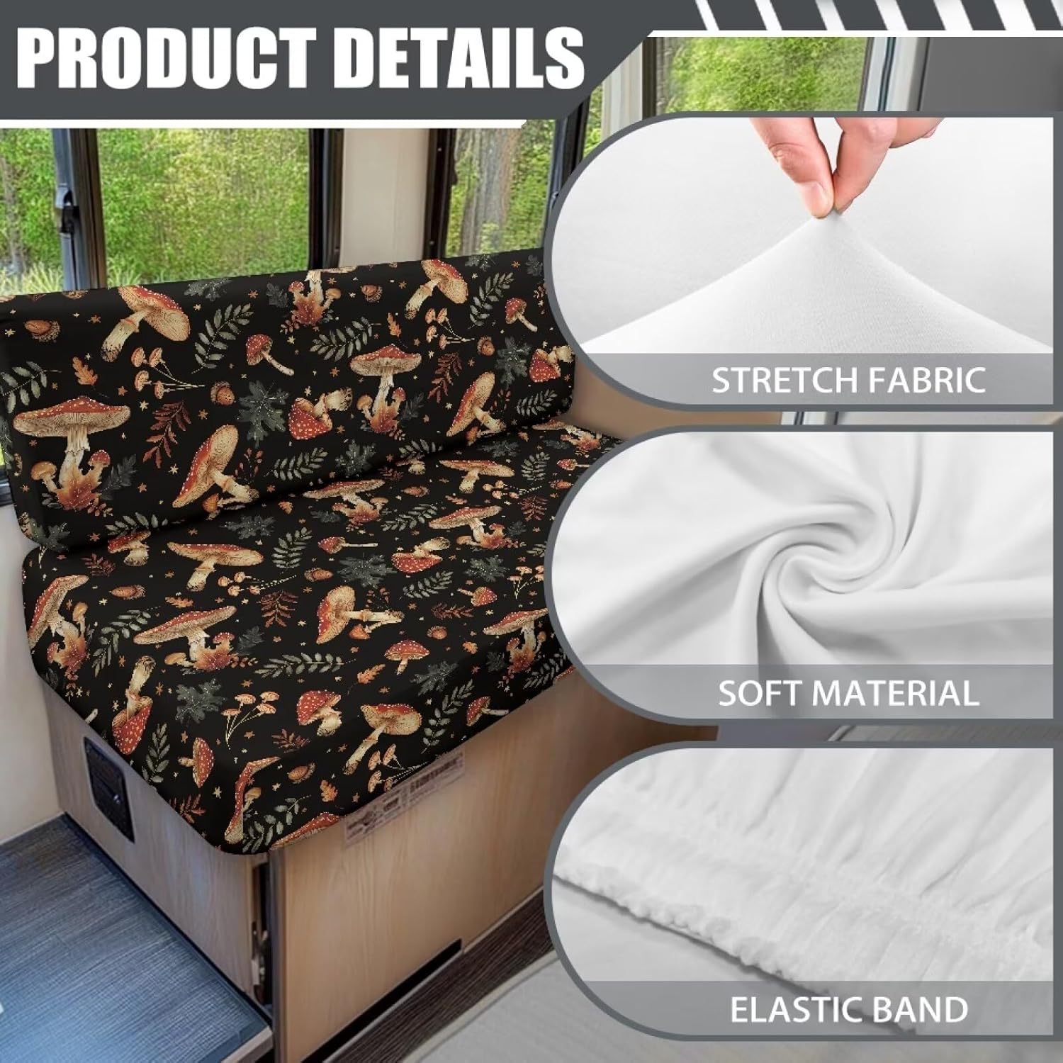 Boatee Vintage Mushroom RV Dinette Cushion Covers Comfortable Camper Accessories Universal Couch Cushion Covers Washable Furniture Covers for Sofa and Loveseat Stretchable Slipcovers