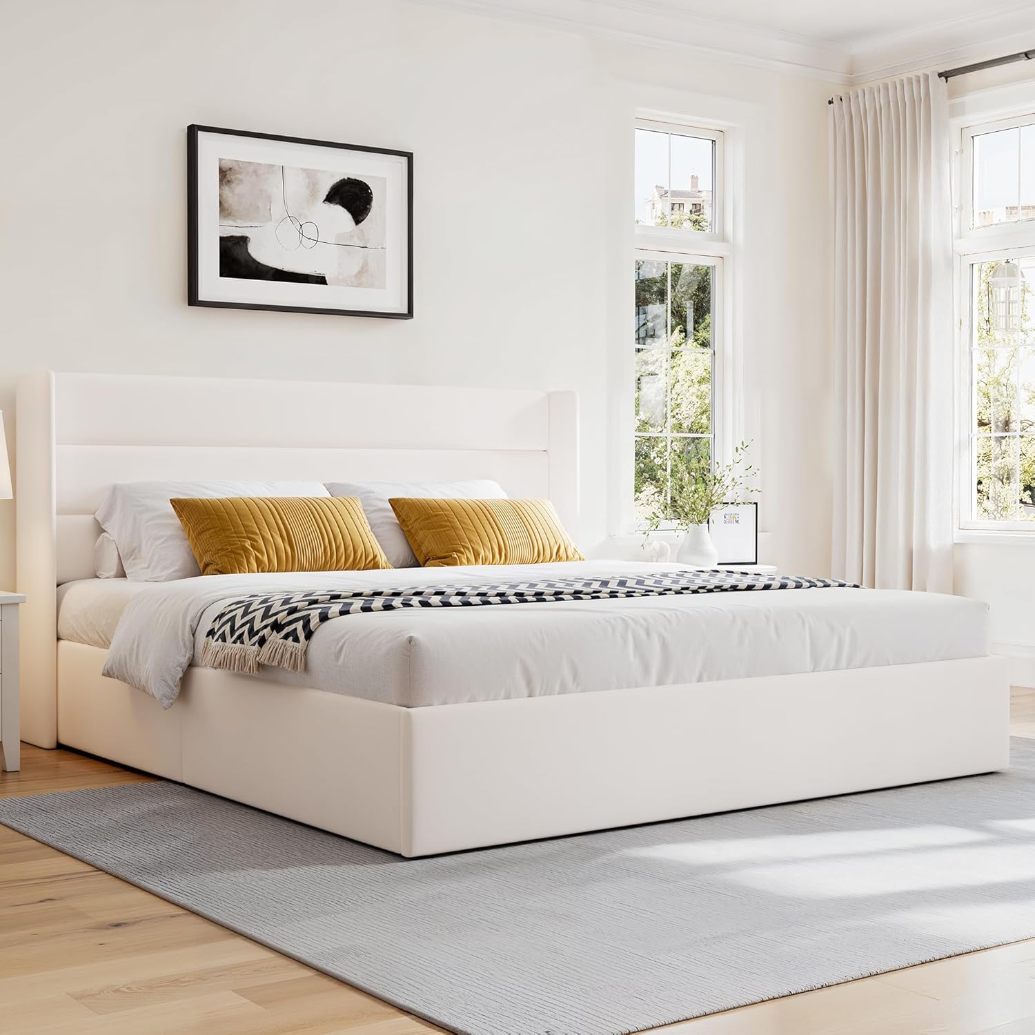 GOLDORO King Size Upholstered Platform Bed Frame with Lift-Up Storage, Wingback Headboard, Hydraulic Lift Support, No Box Spring Needed, White