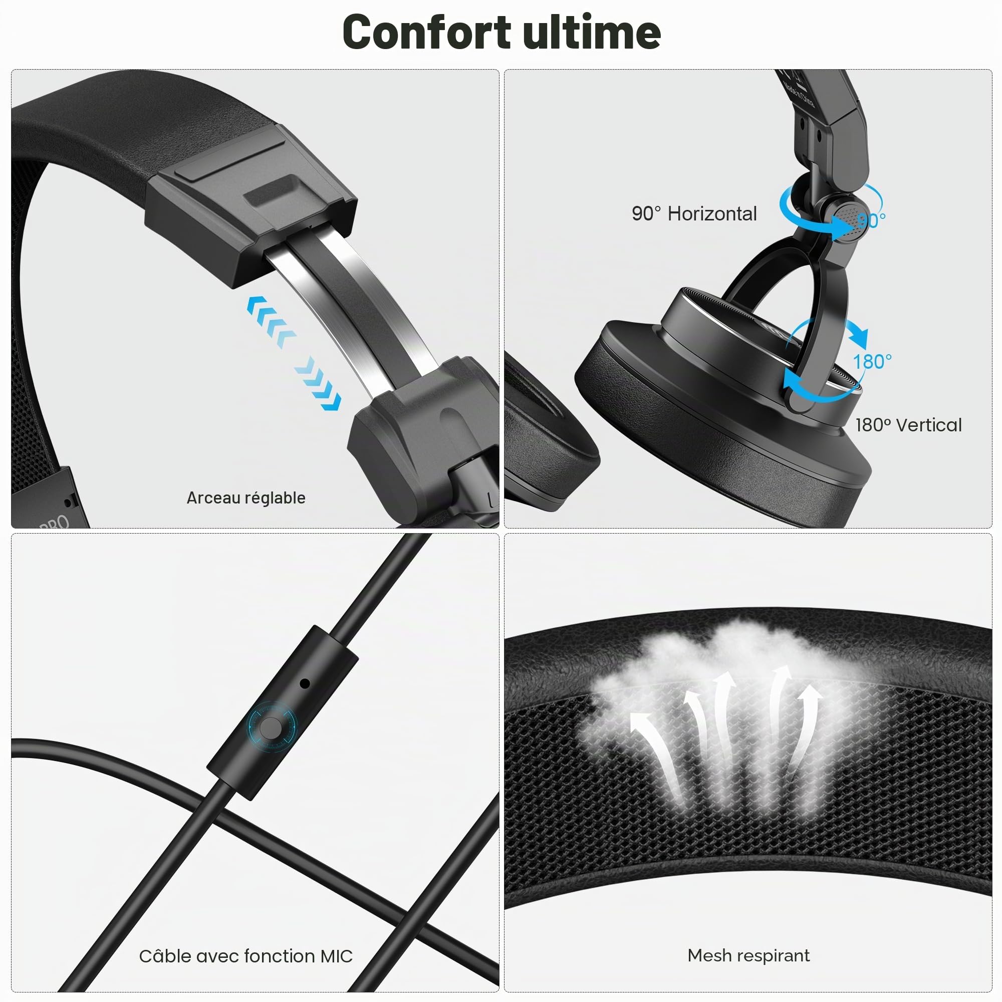 Ortizan Casque Audio Filaire - Casque de Studio - Professionnel 40 kHz stéréo Haute résolution - Enregistrement de Casques DJ - Prise Audio 1/4 à 3,5 mm pour Enregistrement/mixage/baladodiffusion