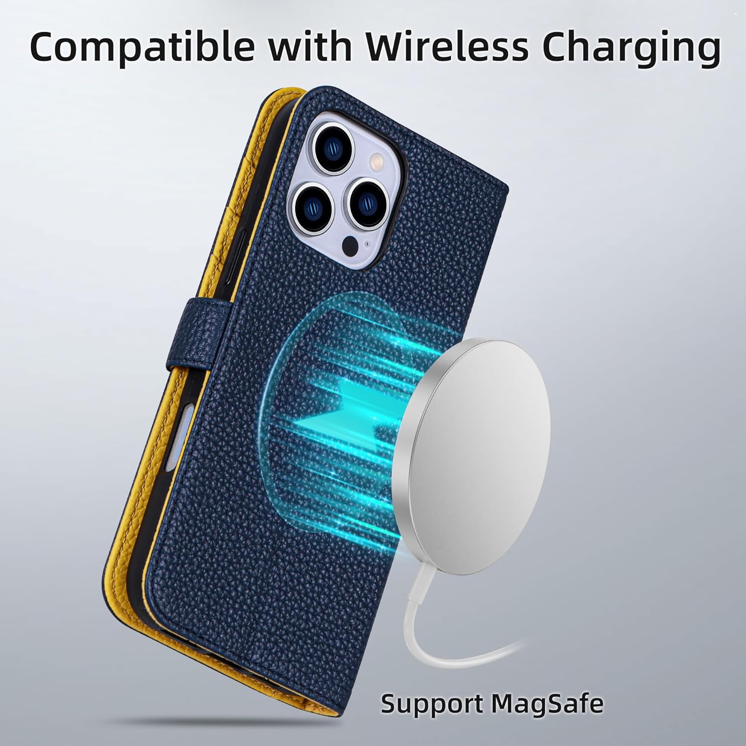 VISOUL Pebbled Real Leather Case for iPhone 16 Pro Wallet Case, Magnetic Wallet Case Kickstand Shockproof Card Holder Folio Case Compatible with iPhone 16 Pro (6.3") Blue+Yellow-Magnetic