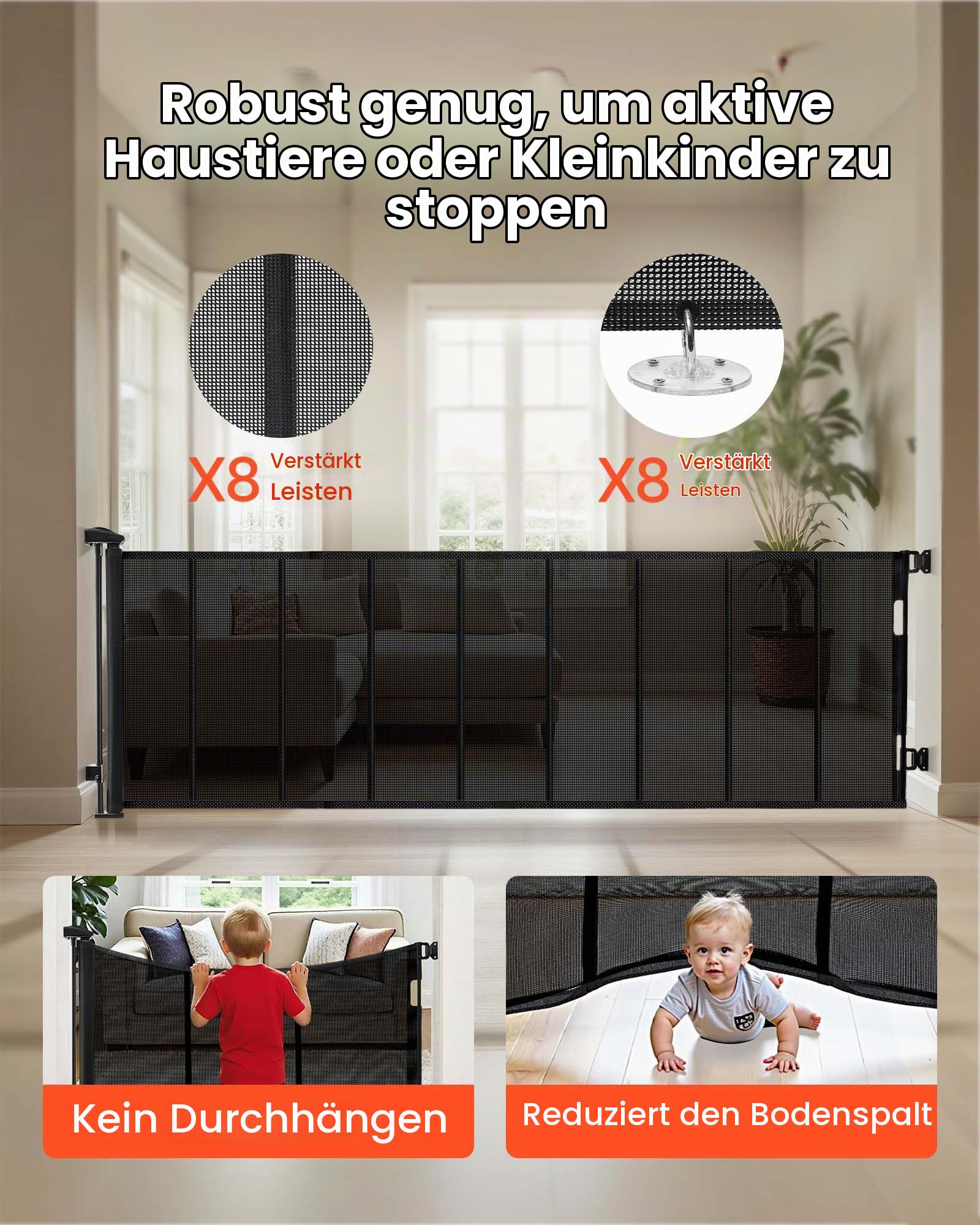 VEVOR einziehbares Babygitter Hundegitter ausziehbar, Treppenschutzgitter mit Sicherheitsschloss, Schutzgitter aus Netzgewebe für Treppen Flure drinnen/draußen