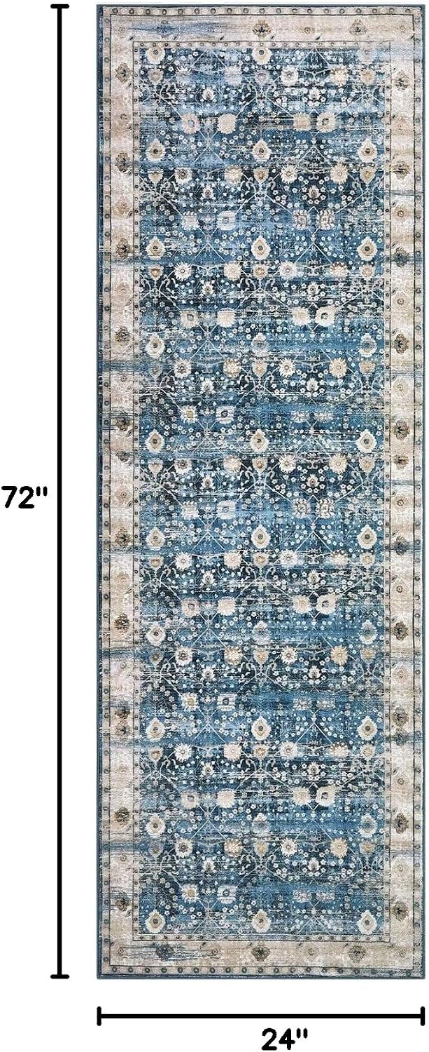 COZYLOOM Area Rug 2x6 Runner - Oriental Washable Mat Tribal Distressed Entryway Runner Vintage Medallion Indoor Rug Low Pile Soft Hallway Runner Anti-Slip Retro Floral Blue