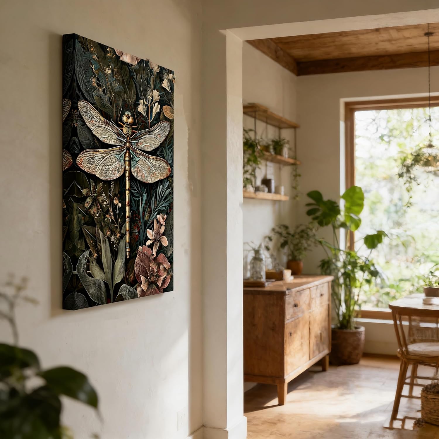 Canvas Wall Art Framed Dragonfly Botanical Floral Leaf Plant Nature Vintage Rustic Farmhouse Eclectic Moody Textured Dark Academia Elegant Unique Wall Decor for Living Room Office Decor 16x24 Inches