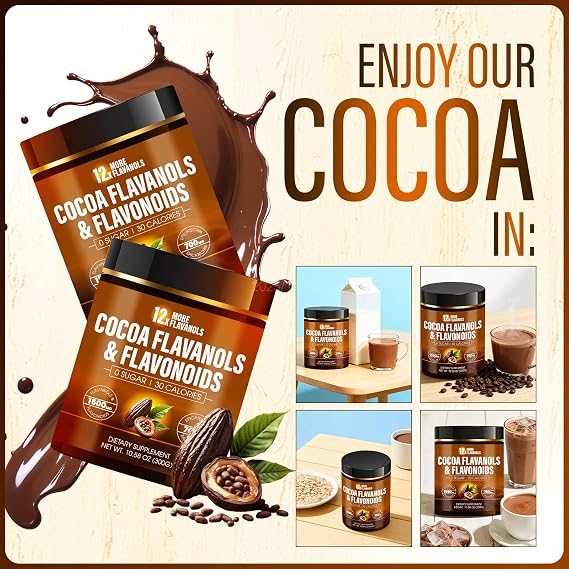 High Flavanol Cocoa Powder 1500mg Flavanols with 700mg Naturally Occurring Epicatechin, 12X More Flavanols Than Cocoa Antioxidant Support for Circulation, Energy & Daily Wellness, Non-Alkalized Cocoa (1)