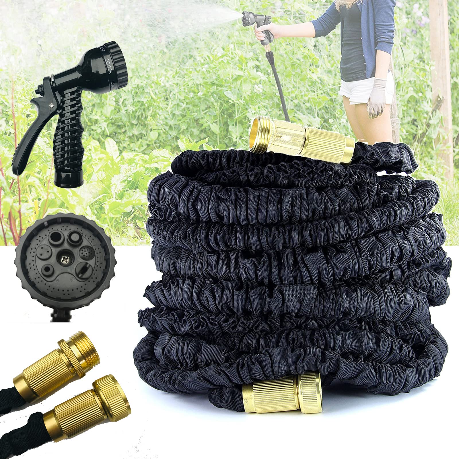 75ft Expandable Garden Hose Black, 3 Times Expanding Flexible Magic Water Hose with 7 Function Nozzle, 3/4" Tap Connectors Solid Brass Fittings, Anti-Leakage Expanding Pipe for Watering and Washing
