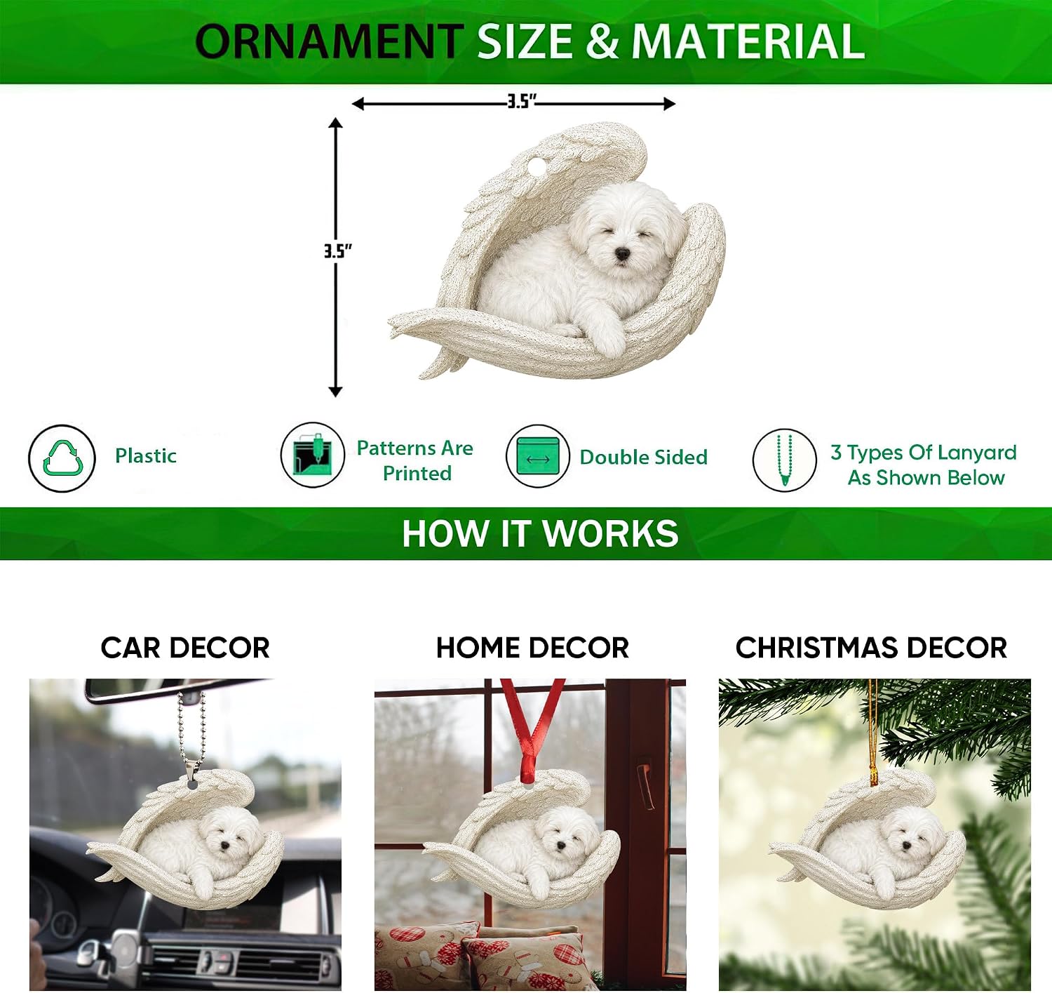 Talataca Maltese Sleeping Angel Memorial White Puppy Dog Animal Pet Cute 2D Flat Car Rear View Mirror Accessories Christmas Tree Ornament Decoration Hanging Charm Interior Rearview Pendant Decor Gift image 2