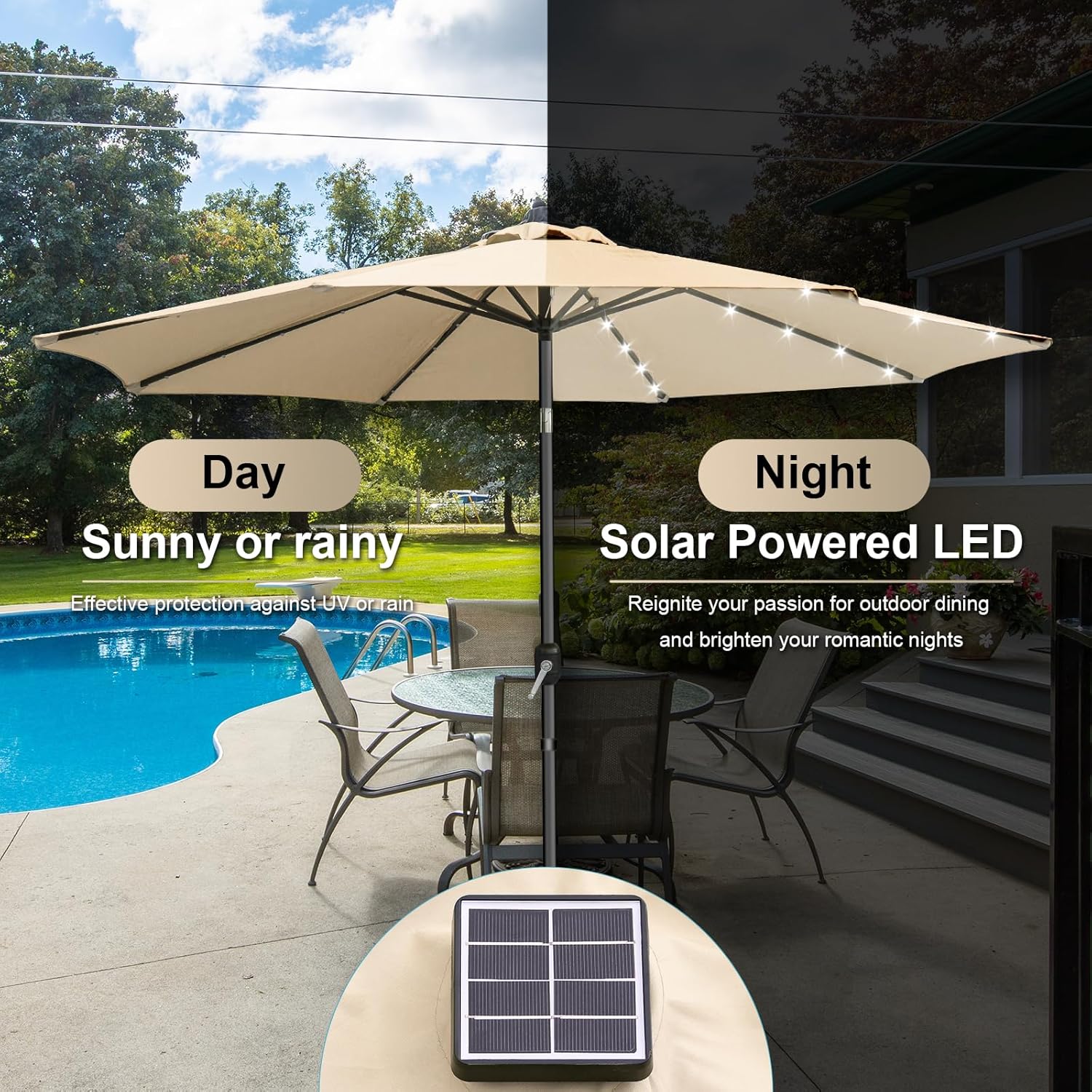 Patio Umbrella 10ft with 32 Solar LED Lights -8 Ribs