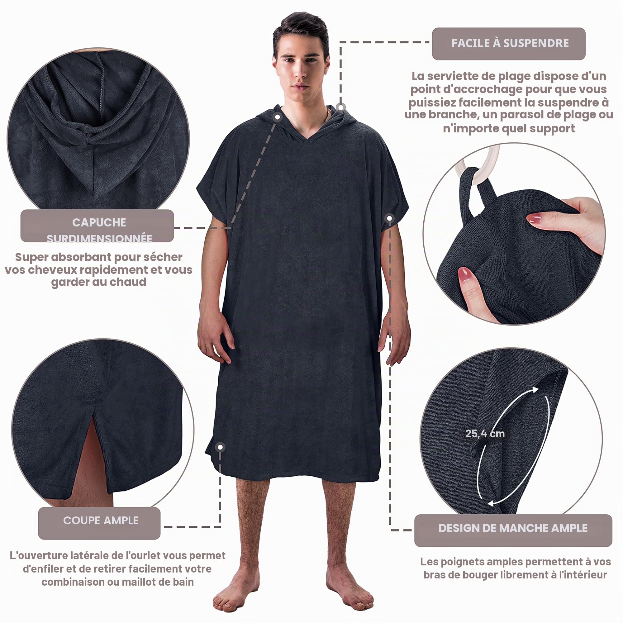 Kato Tirrinia Poncho de surf à capuche Changing Towels Quick Dry Beach Change Robe pour adulte homme femme imperméable et anti-sable pour le surf, la natation, la baignade, le bain, la grande taille