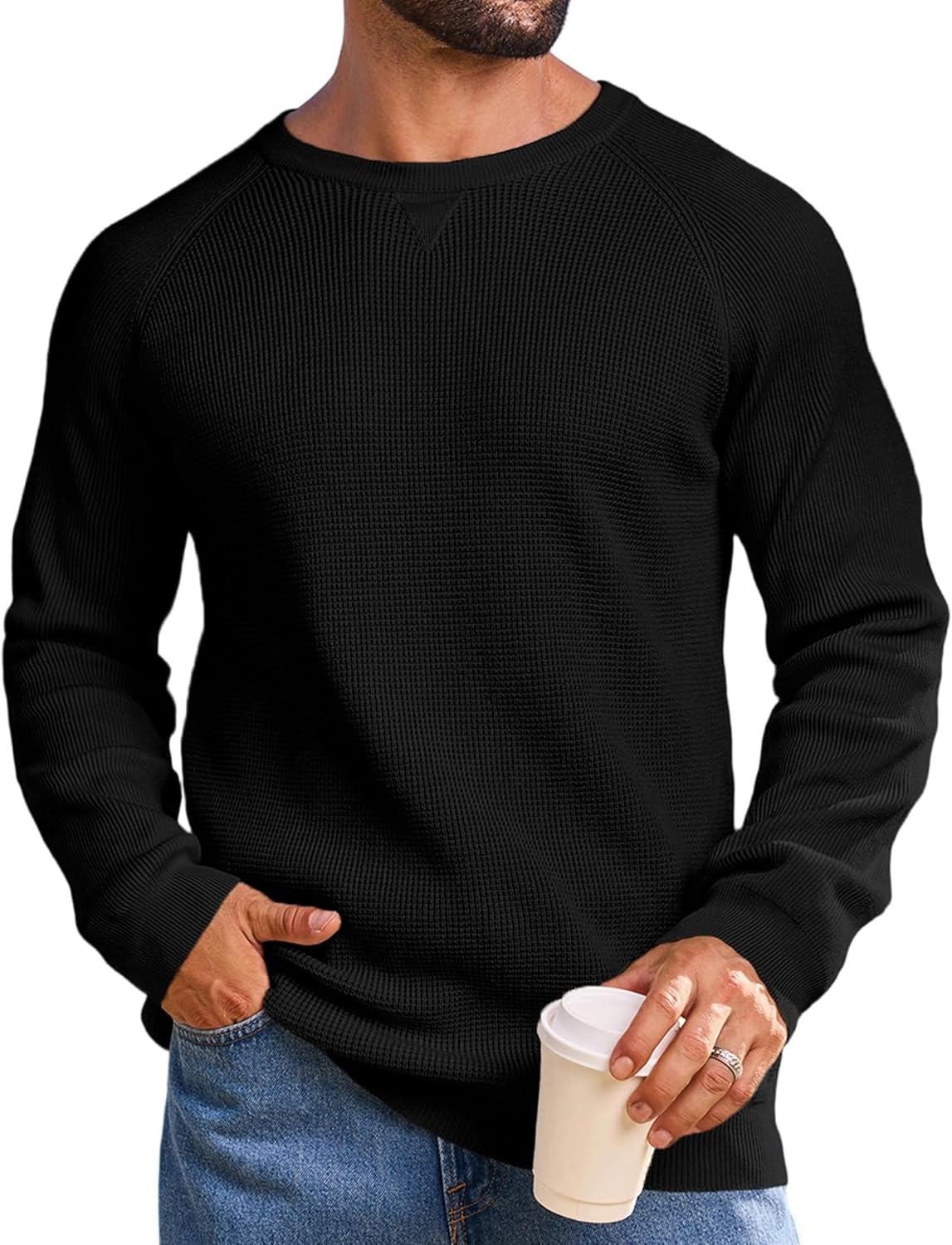 Vssjavun Mens Waffle Knitted Sweater Relaxed Boxy Fit Raglan Sleeve Crewneck Pullover Sweaters