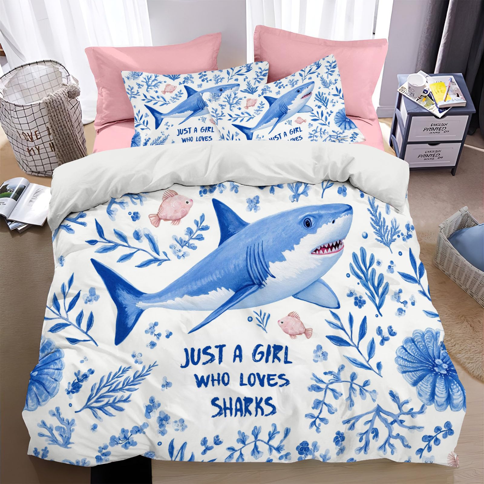 Housse de couette 140x200cm requin bleu clair et taie d'oreiller 65x65
