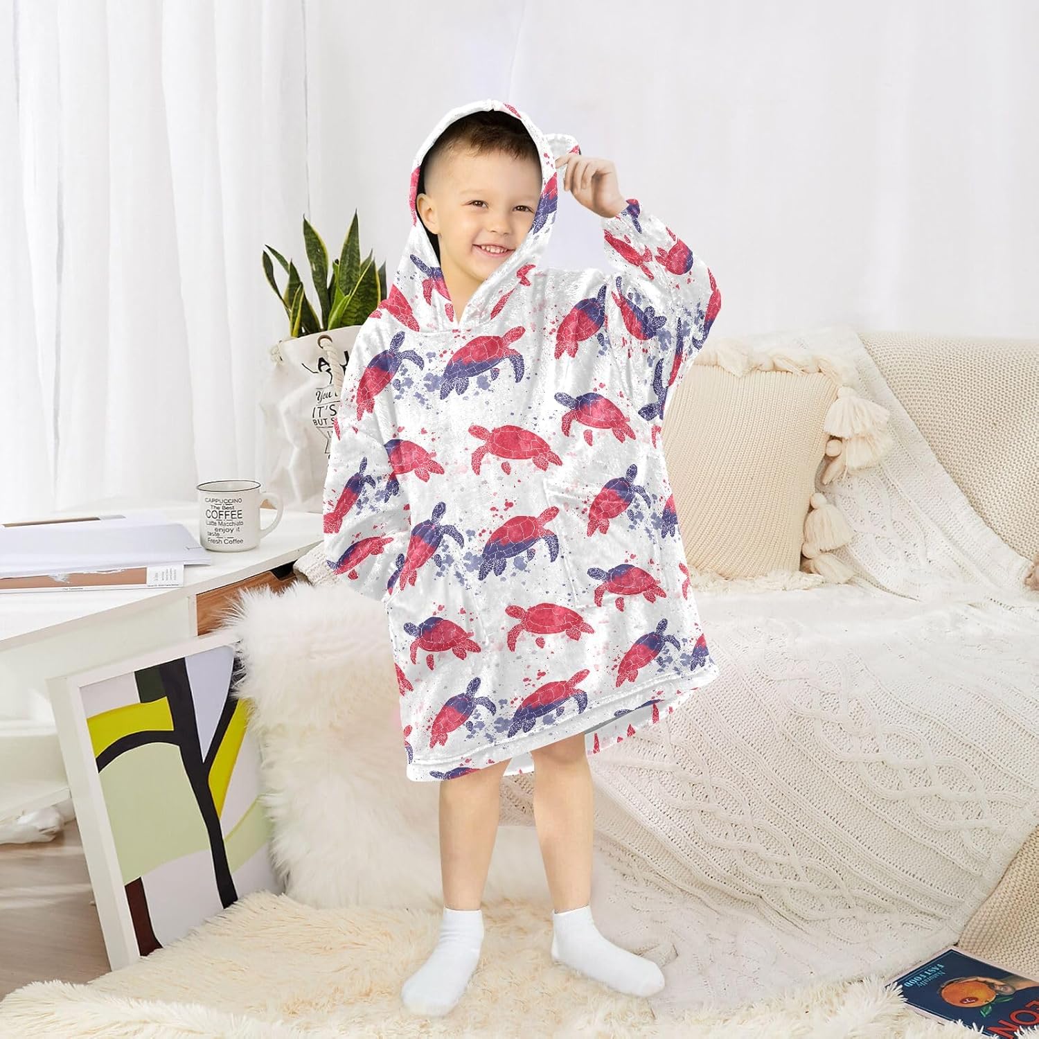 Watercolor Red Turtle Pattern Wearable Blankets for Kids, Soft Warm Cozy Blanket Hoodie for Boys Girls with Pocket