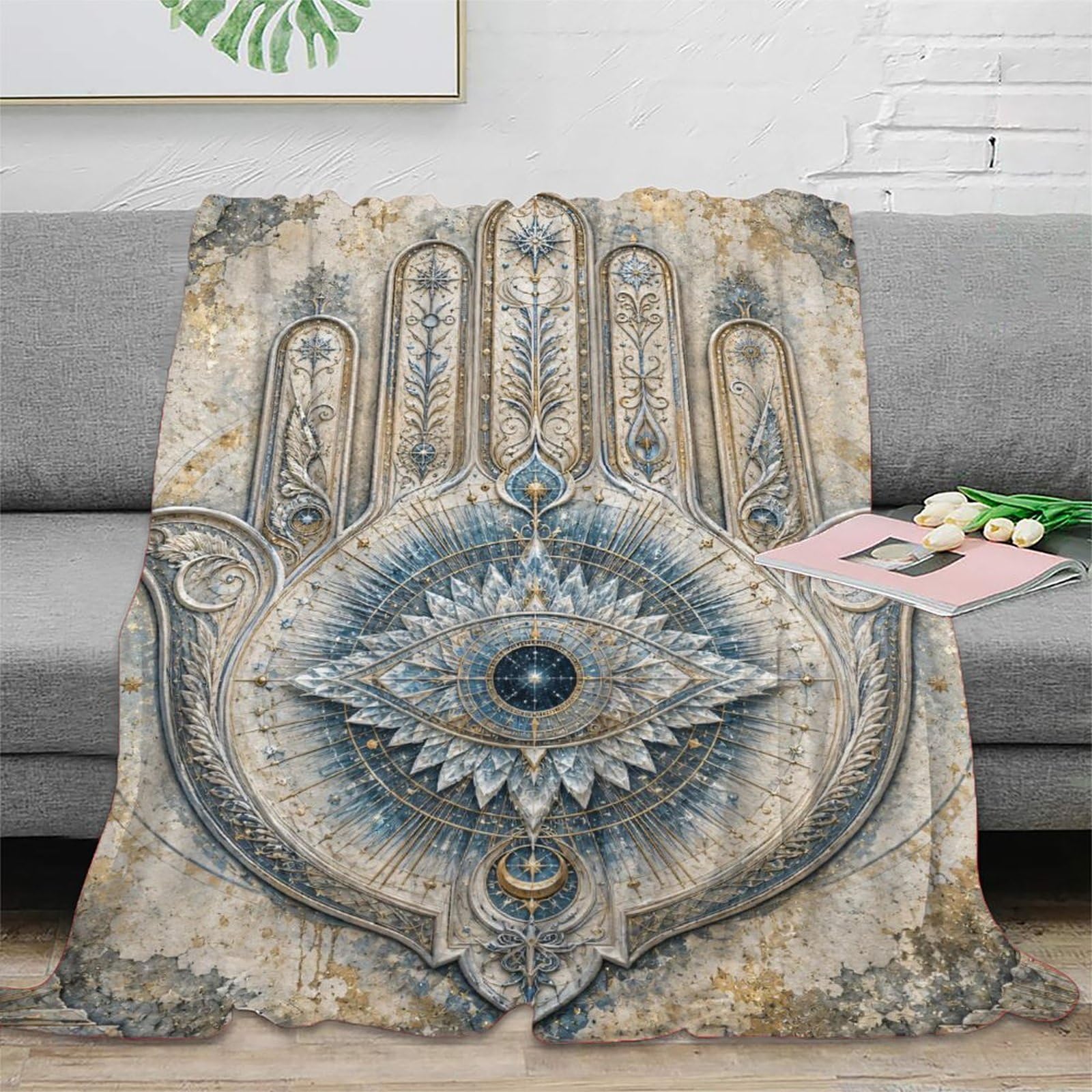 W7C8U2X3 Hamsa Hand Blue Throw Blanket, Flannel, TV, Bohemian Mystic Motif