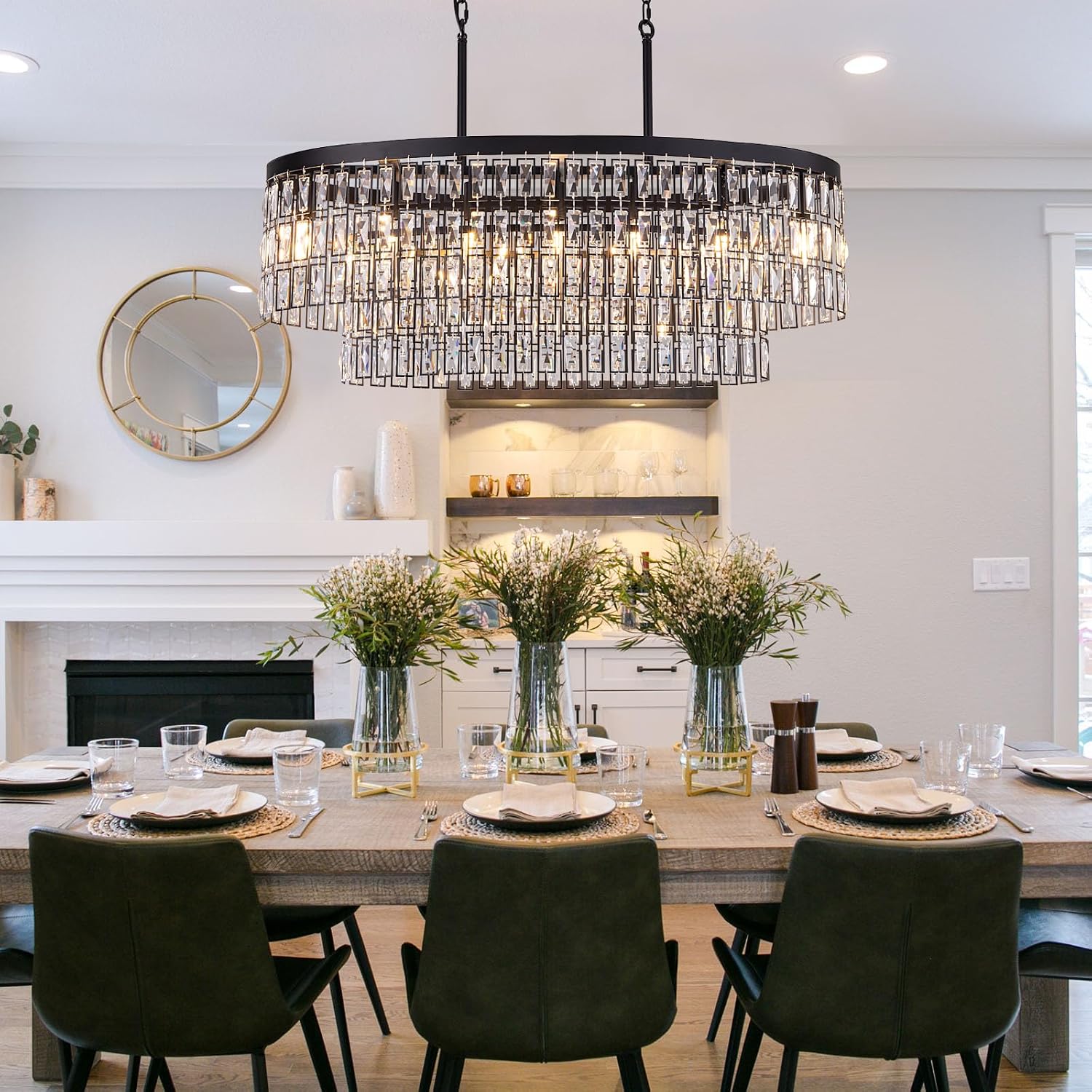 Wellmet Modern Crystal Chandeliers for Dining Room, 7 Lights Black Farmhouse Ceiling Light Fixture, Adjustable Hanging Pendant Lighting for Kitchen Island, Living Room, L-36inch