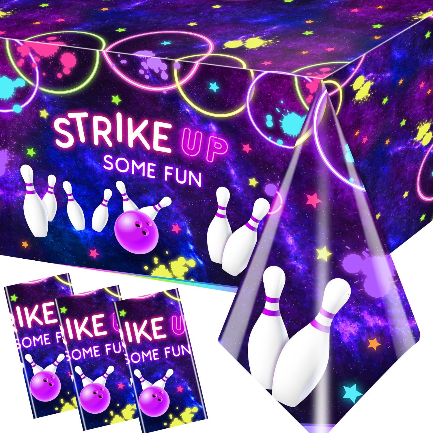 Bowling Birthday Supplies Tablecloth 3Pcs Let's Strike Up Some Fun Bowling Party Decorations Rainbow Neon Glow Girls Birthday Party Favors Disposable Plastic Table Cover