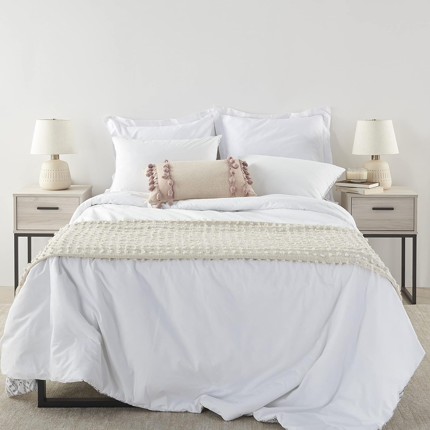 Nourison Home 16" Cream Natural Textured Ceramic Accent Table Lamp, Farmhouse, Boho, for Bedroom, Living Room, End Table, Coffee Table Lamp