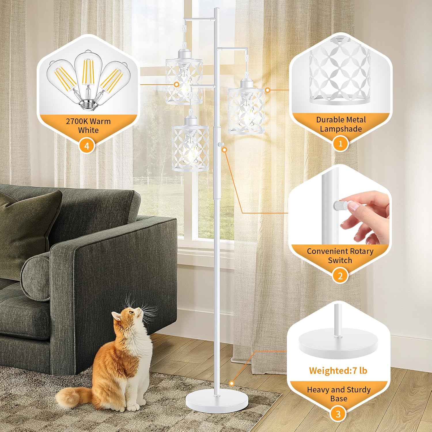Dimmable Floor Lamp, Farmhouse Standing Lamp with Elegant Metal Cage, Industrial Tall Tree Floor Lamps for Living Room, Bedroom, Study Room, Office, 3 x 800LM LED Bulbs Included, 72", White