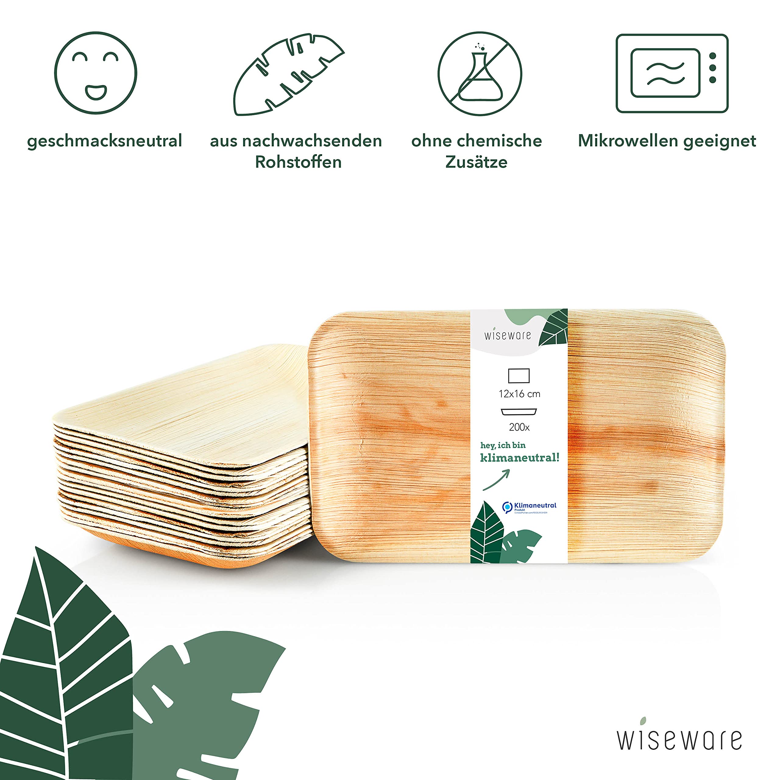 Wiseware talerze z liści palmowych, 200 sztuk, prostokątne, 12 x 16 cm, biodegradowalne naczynia z liści palmowych, kompostowalne naczynia na imprezę, ekologiczne naczynia jednorazowe