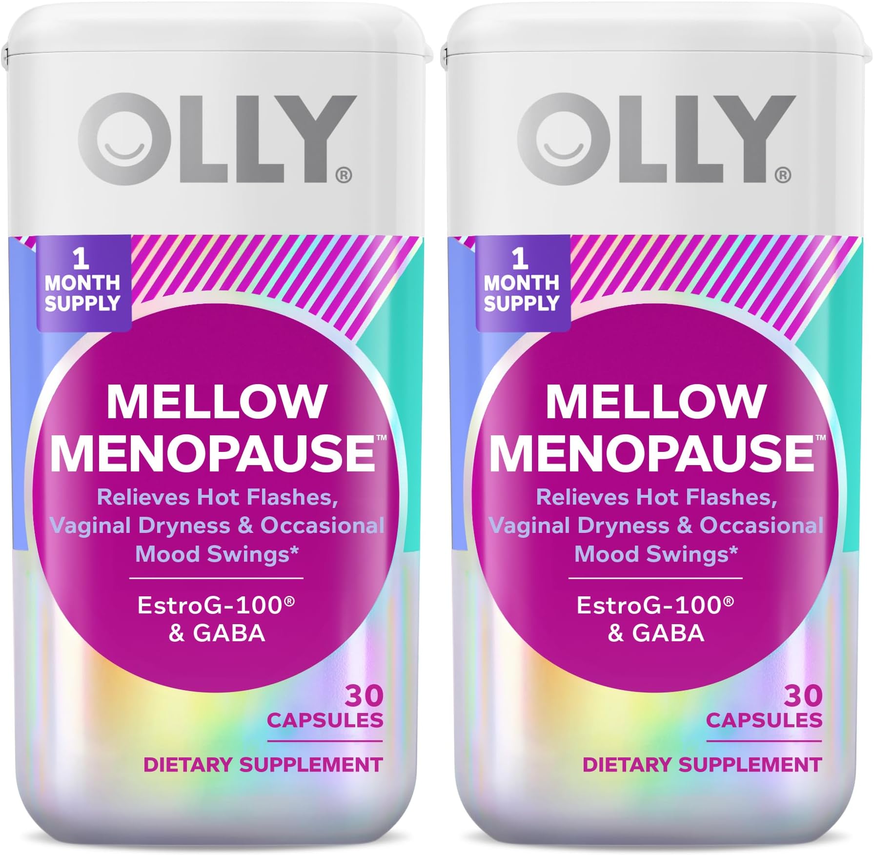 OLLY Mellow Menopause Supplements for Women, Supports Hot Flashes, Vaginal Dryness & Occasional Mood Swings,* Estro-G100®, GABA, Vegan Capsules, 2 Month Supply - 60 Count