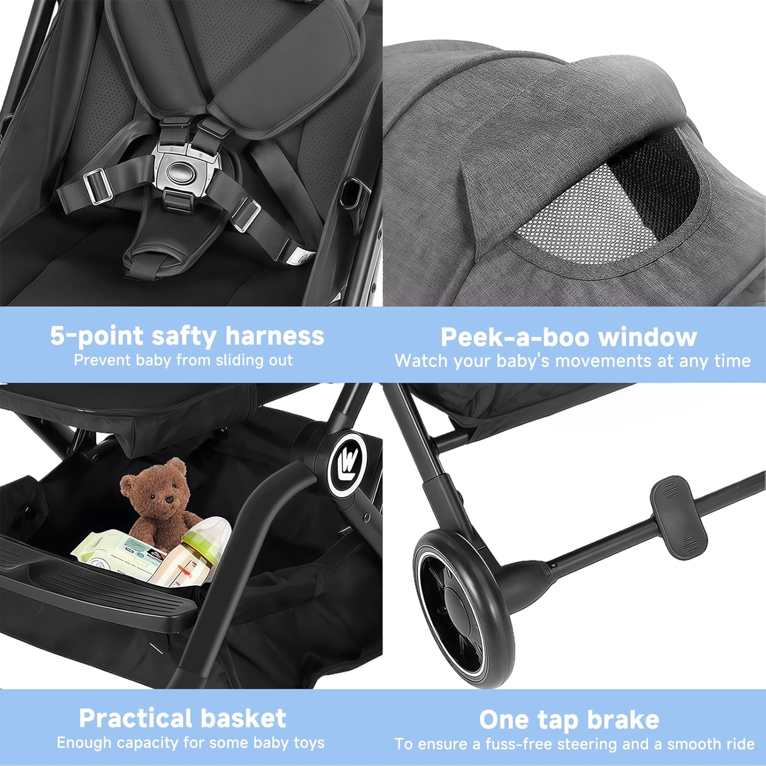 Lightweight Baby Stroller, Compact Travel Stroller with Retractable Foot Cover & Sleep Shade, One Hand Fold Stroller, Toddler Pushchair Adjustable Seat for Airplane 0-36 Months