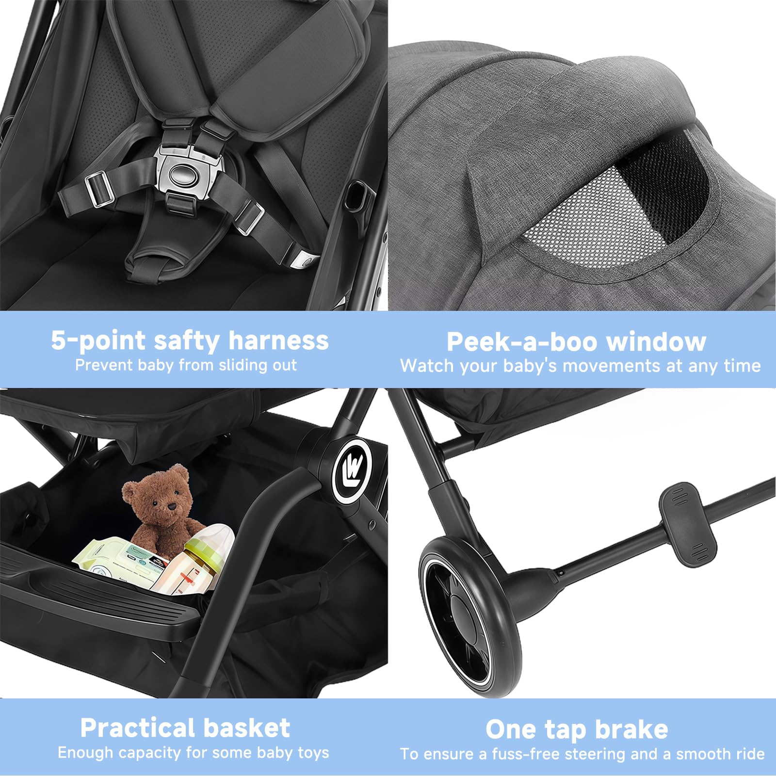 Leichter Kinderwagen, Kompakter Reisebuggy mit Ausziehbarem Fußsack & Schlafverdeck, Einhand-Einfaltbarer Buggy, Verstellbarer Sitz für Kleinkinder 0-36 Monate