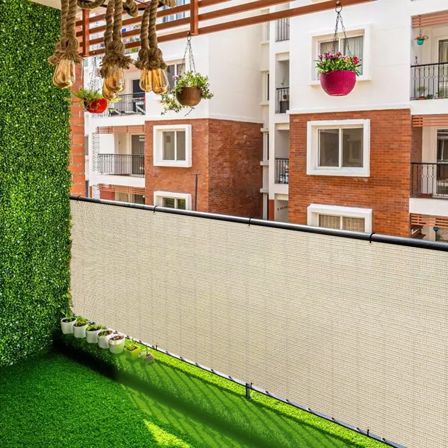 3'x25' Beige Balcony Privacy Screen Fence Outdoor Patio Mesh Shade Net Cover, UV Protection Shade Cloth Temporary Fencing for Apartment Railing Porch Deck