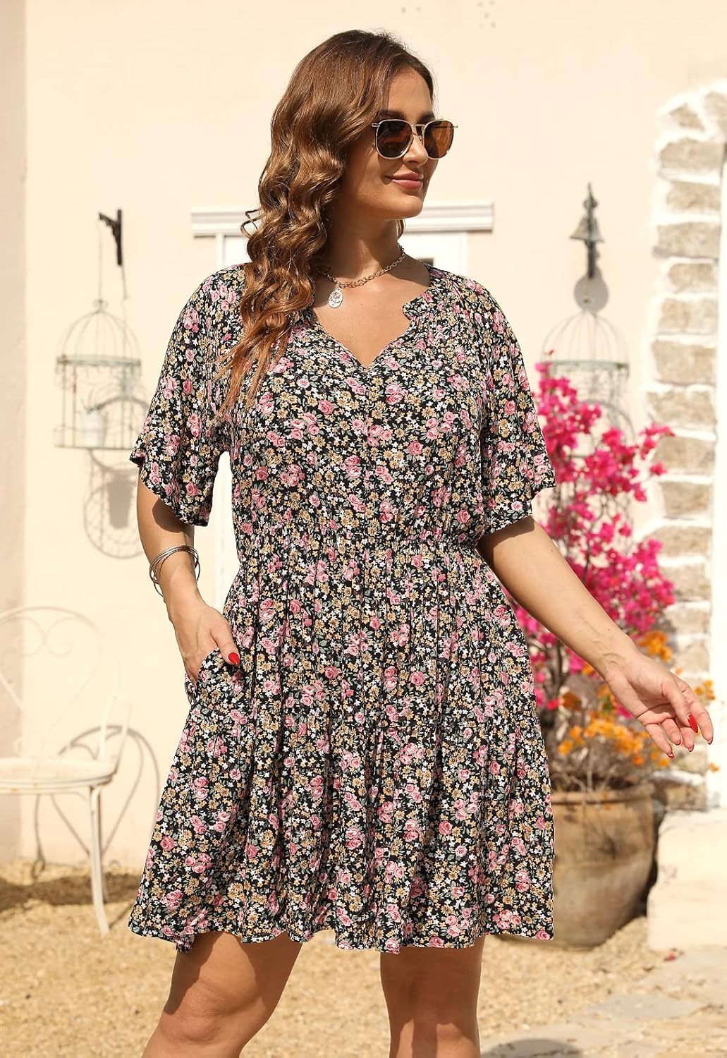 Nemidor Womens Plus Size Summer Dress Floral Print Boho Swing Short Sleeve V Neck Casual Mini Dresses with Pocket