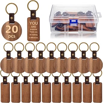20 Pcs Blank Wooden Keychains Leather Keychains for Engraving Blanks Keychain with Container for DIY Employee Gifts Craft