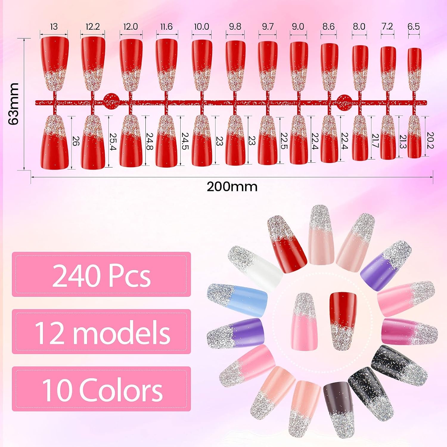 240 Pieces Extra Long Press on Nails Matte Ballerina Long Coffin Fake Nails Solid Color Artificial Nails Full Cover False Nails for Women Girls DIY Nail Nail Salon, 10 Colors (Glitter Color)