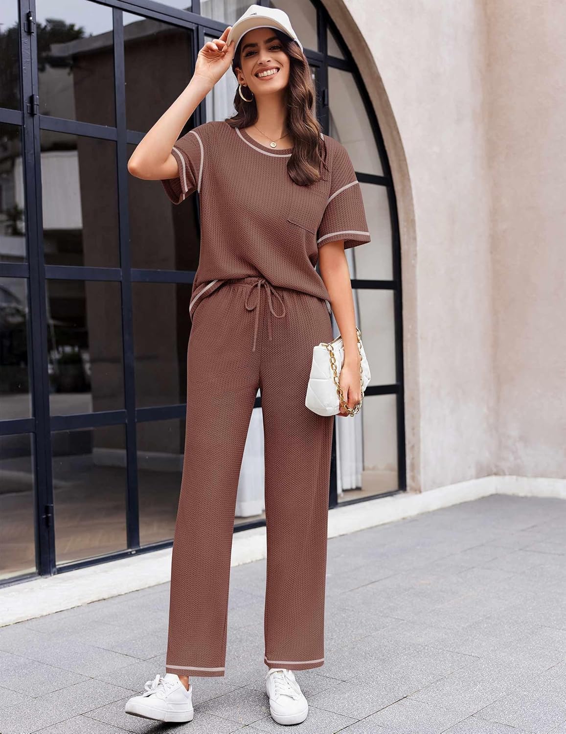 Ekouaer Women Waffle Knit Lounge Sets Short Sleeve Top and Long Pant Pajama Set Loungewear 2 Piece Pjs Set with Pockets - Image 3