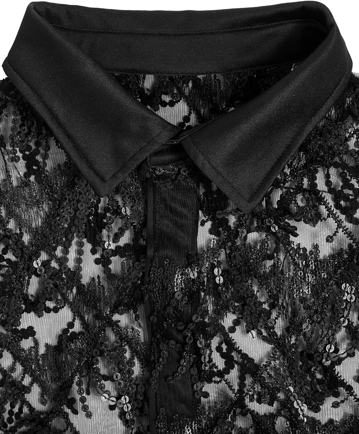 WDIRARA Men's Sequin Decor Fringe Button Front Shirts Short Sleeve Sheer Party T Shirt