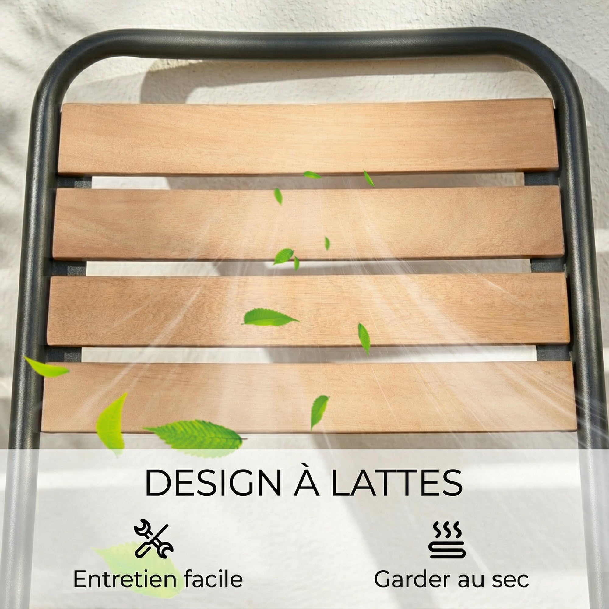 Outsunny Lot de 2 Chaises de Jardin Empilables, Assise et Dossier en Bois Massif à Lattes, Structure en Acier, Chaises d'Extérieur pour Terrasse Balcon Bistro, 61x47x81cm, Naturel