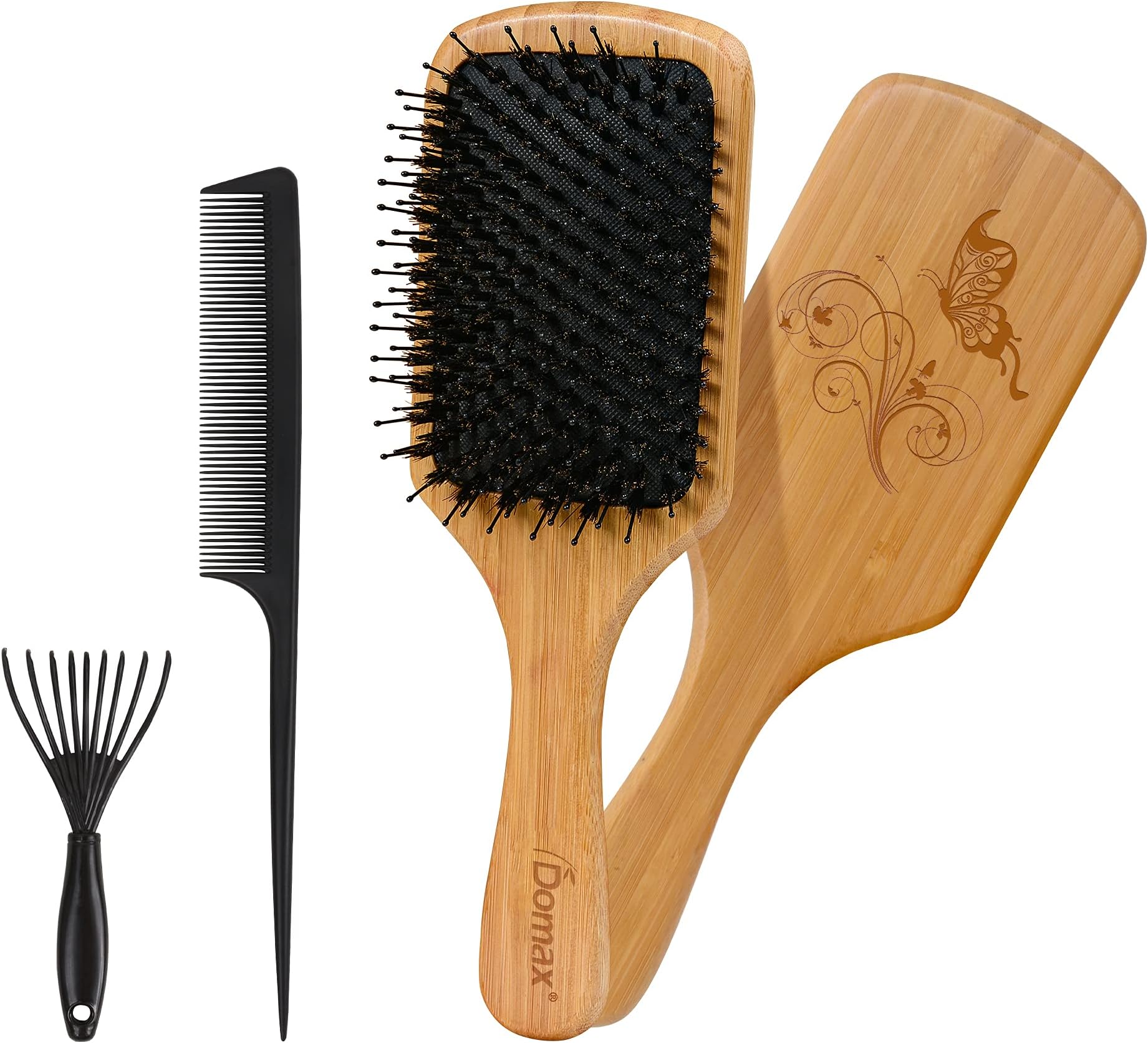 Boar Bristle Bamboo Hair Brush Set Natural Wooden Paddle Detangler ๐๐๐ข๐ซ ๐๐ซ๐ฎ๐ฌ๐ก for Men Women Kids Curly Straight Thick Thin Long Short Hair