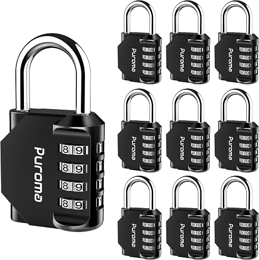 Puroma 10 Pack Combination Lock Locker 4 Digits Combo Padlock Gym Black | For School Gate Fence Toolbox Hasp Storage, Outdoor, Resettable, Weatherproof, Side Window, Crack Cut Resist, Hardened Steel