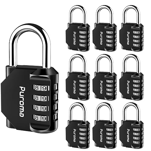 Puroma 10 Pack Combination Lock Locker 4 Digits Combo Padlock Gym Black | For School Gate Fence Toolbox Hasp Storage, Outdoor, Resettable, Weatherproof, Side Window, Crack Cut Resist, Hardened Steel