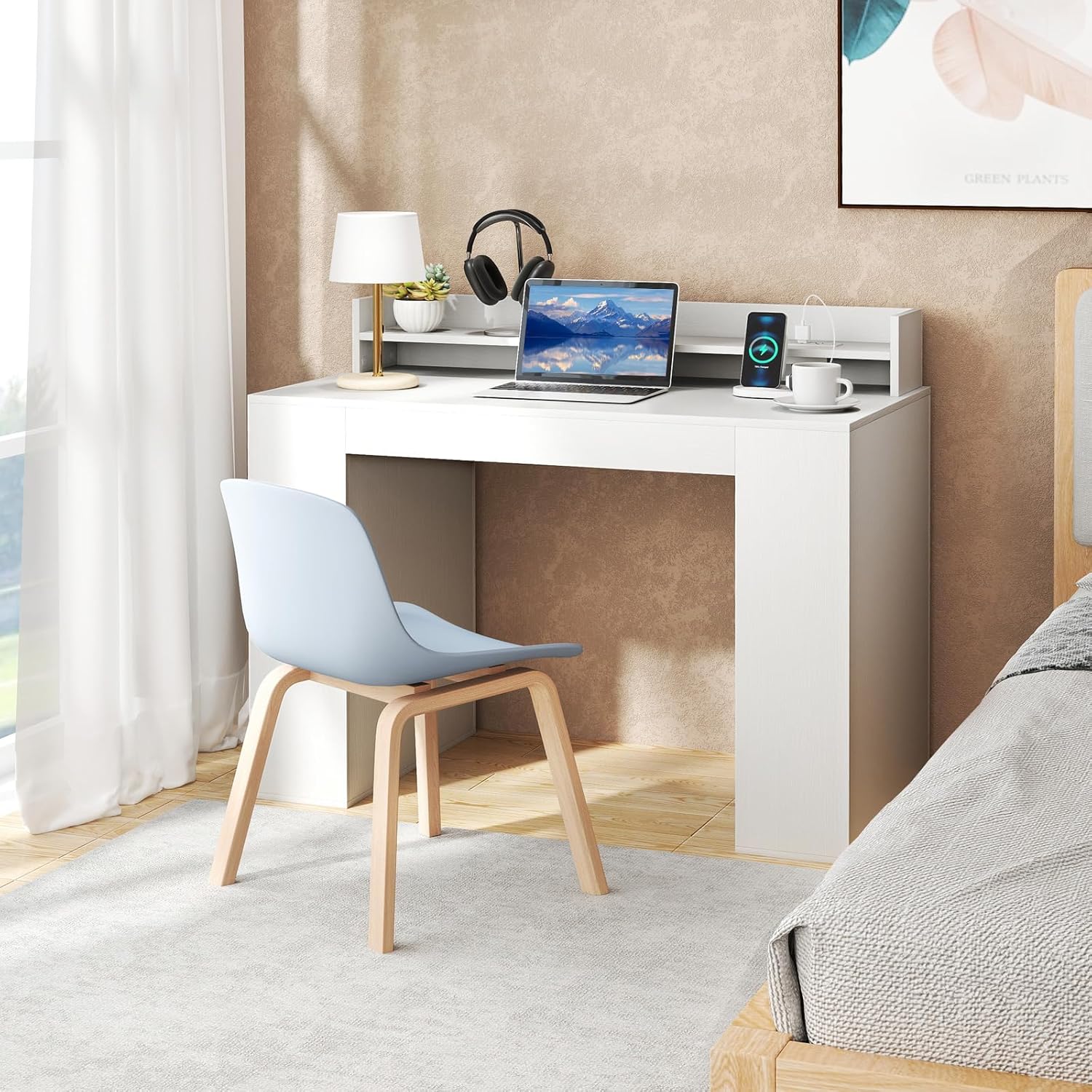 Tangkula Computer Desk with Power Outlets, 43” Home Office Desk with Monitor Shelf & 2 Bookcases, Modern Writing Desk PC Workstation with Type C Charging for Bedroom Dorm (White)