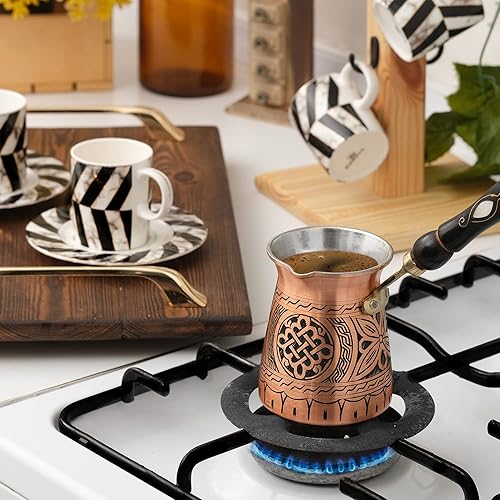 Miniatura 9 de BCS Cafetera turca griega árabe de cobre de 12 onzas con mango de madera 4 porciones Cezve Ibrik Briki Cafetera con cuchara de madera
