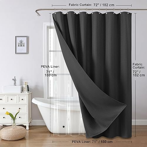 Miniatura 5 de VANZAVANZU Juego de cortinas de ducha todo en uno para baño, cortina de ducha mejorada de tela de gofre 3D con forro impermeable de PEVA y 12