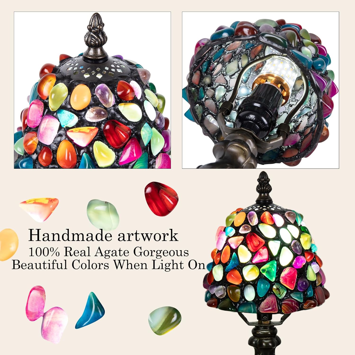 Small Tiffany Table Lamp, 3 Color-Temperature Agate Amber Stained Glass Lamp,6 Inch Tiffany Style Lamp for Bedroom Living Room Home, Handcrafted Light, Included Bulb