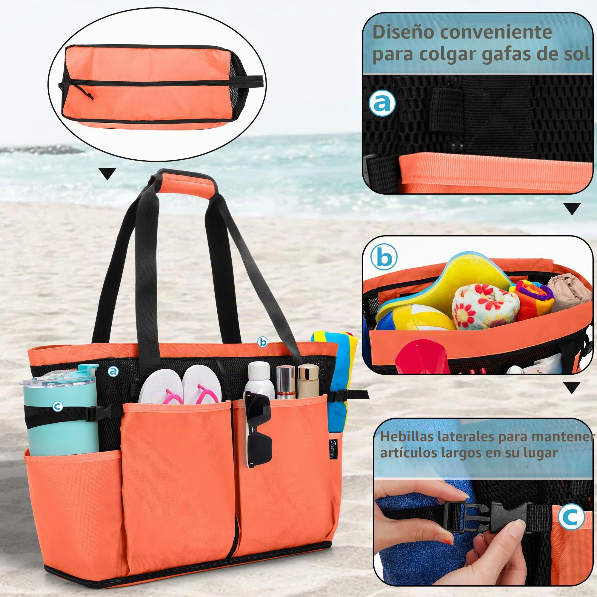 Fasrom Bolsa de Playa de Malla Extra Grande con Cremallera, Naranja | Apertura Inferior Sacude Arena, Bolsillo Impermeable, 6 Bolsillos, Correas Acolchadas, Bolsa Gran Tamano