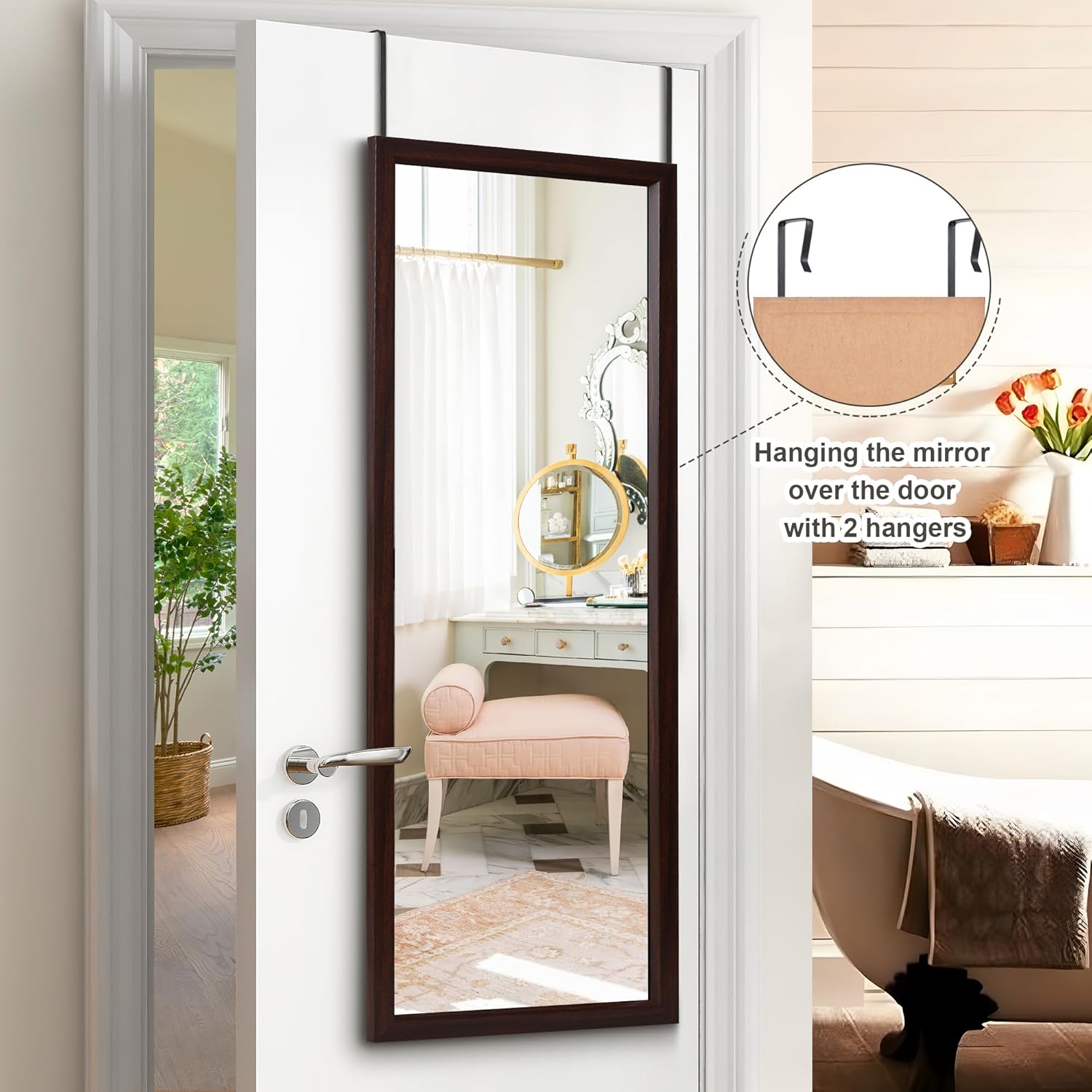 PexFix Door Mirror 18"x51"Sleek Frame Floor Mirror Full Length Over The Door Dressing Mirror Vertital Hanging Wall Mirror Rectangle Decor with 2 Removable Hangers - Brown,Walnutcolor-18''x51'',Brown