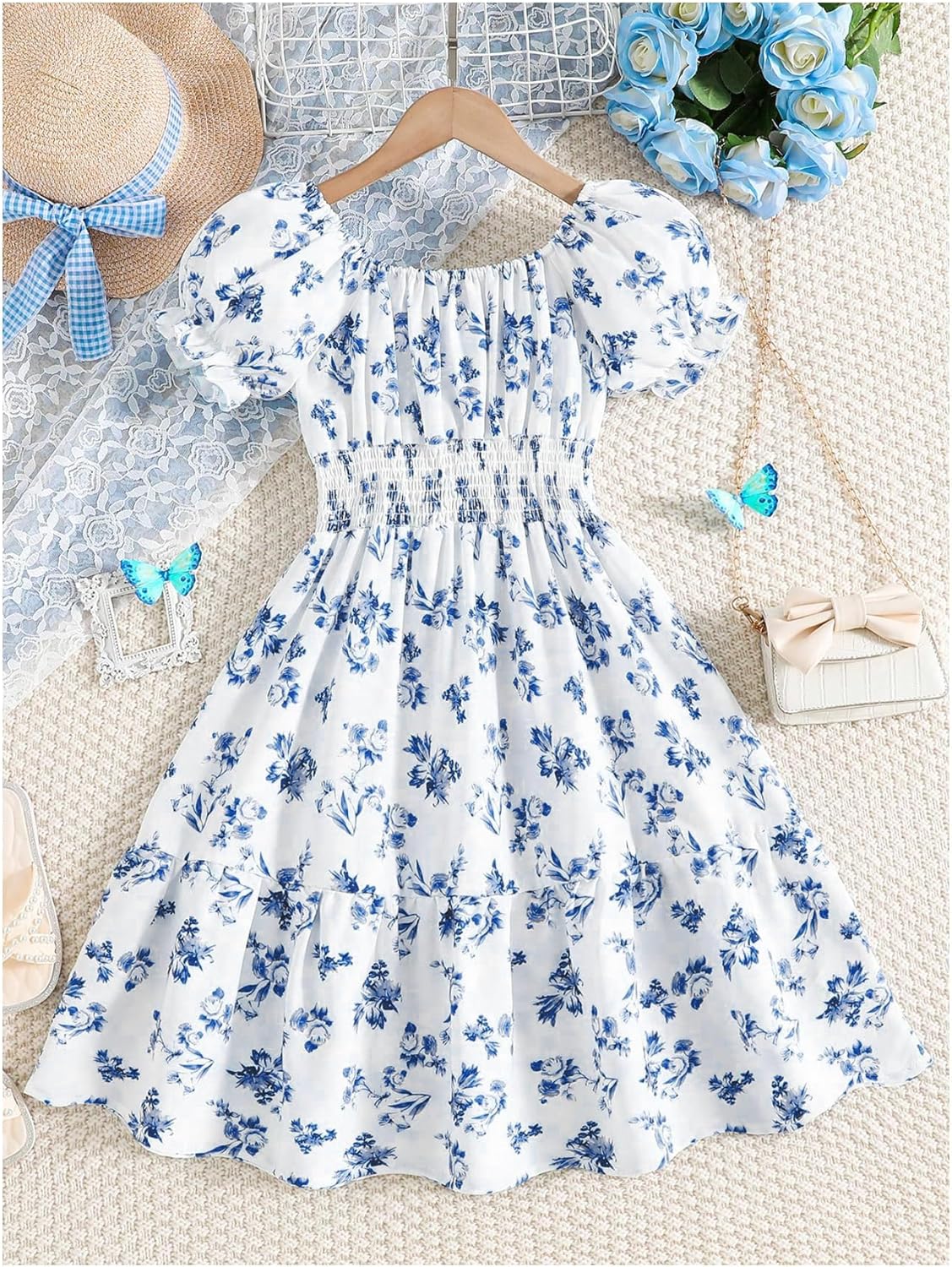 Floerns Girl's Boho Floral Print Puff Short Sleeve A Line Dress Ruffle Hem Summer Dresses - Image 2
