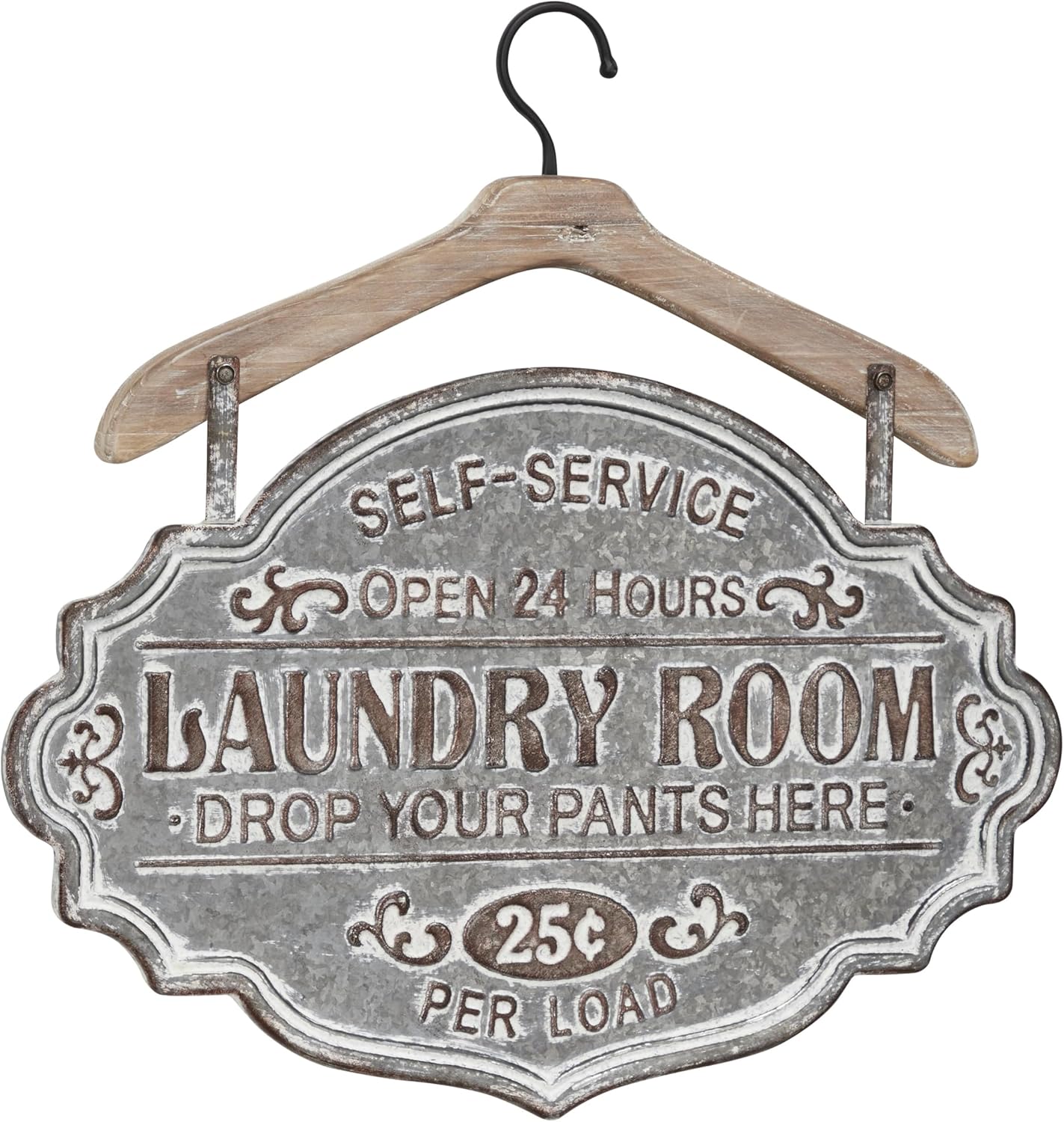Deco 79 Metal Sign Home Wall Decor Laundry Room Wall Sculpture with Brown Wood Hanger, Wall Art 22" x 1" x 22", Gray