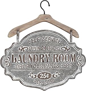 Deco 79 Metal Sign Home Wall Decor Laundry Room Wall Sculpture with Brown Wood Hanger, Wall Art 22" x 1" x 22", Gray