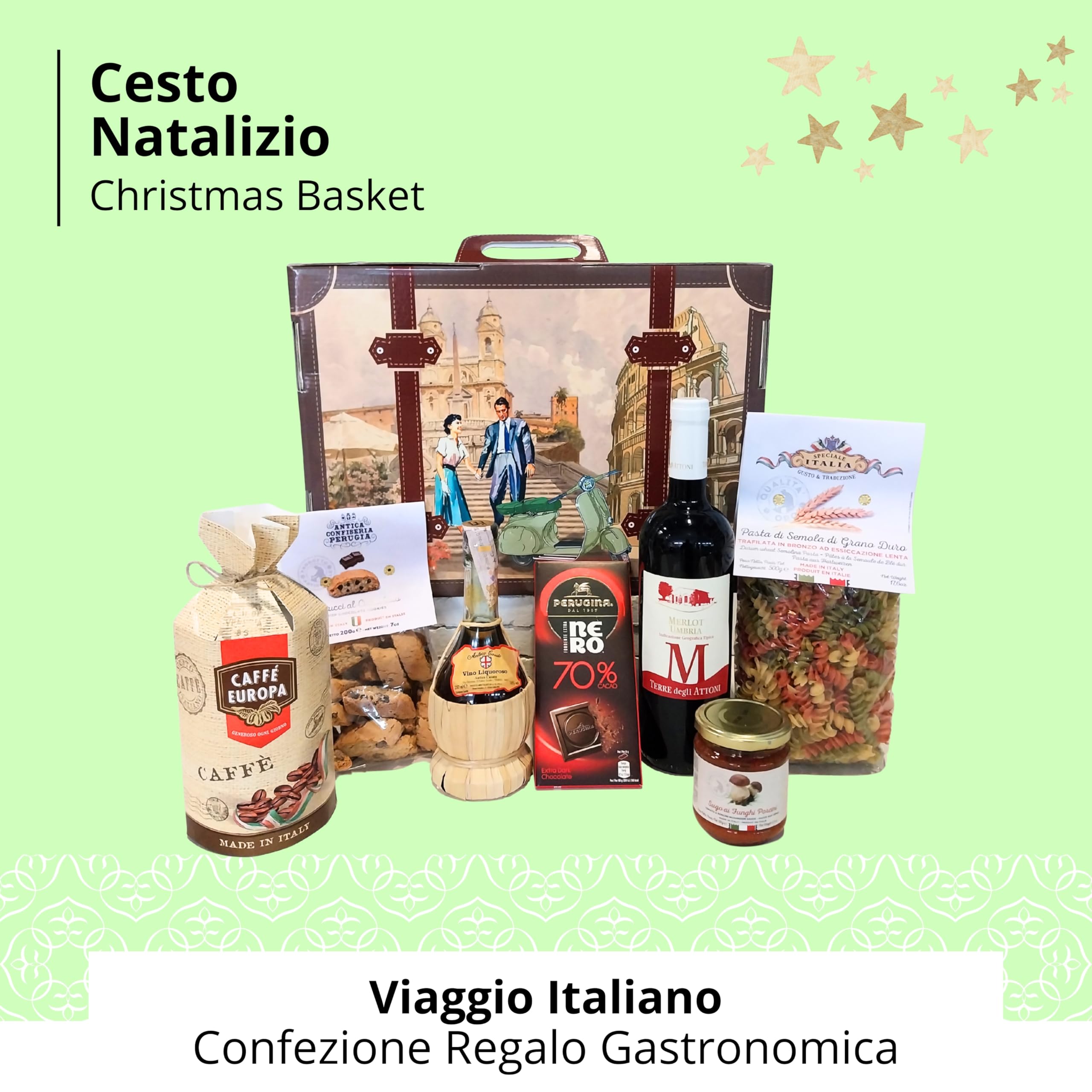 Speciale Italia Cesto Regalo Gastronomico – 7 Prodotti Tipici Italiani in Valigia Riutilizzabile – Confezione Alimentare Gourmet Made in Italy Ideale per Regali
